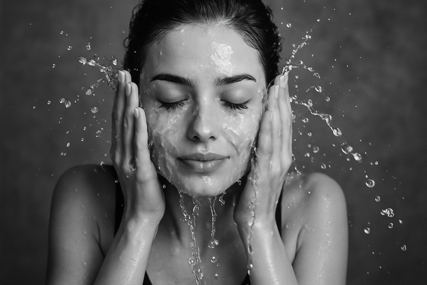 black and white photo of beautiful woman splashing face with water